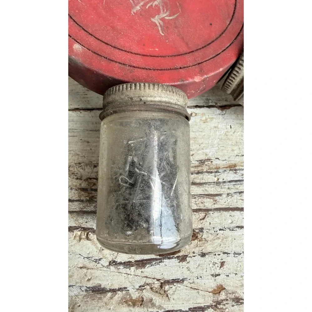 Vintage 1942 Carousel Hardware Organizer Red Wood Glass Jar Storage